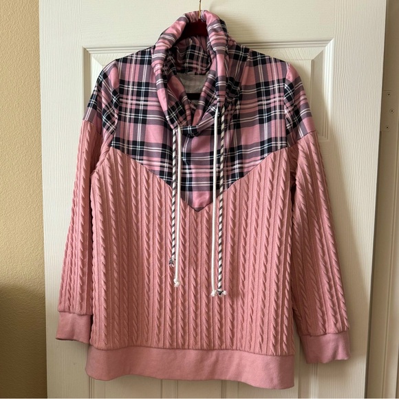 Pink Tartan Plaid Sweatshirt with Cowl Neck - Picture 1 of 5